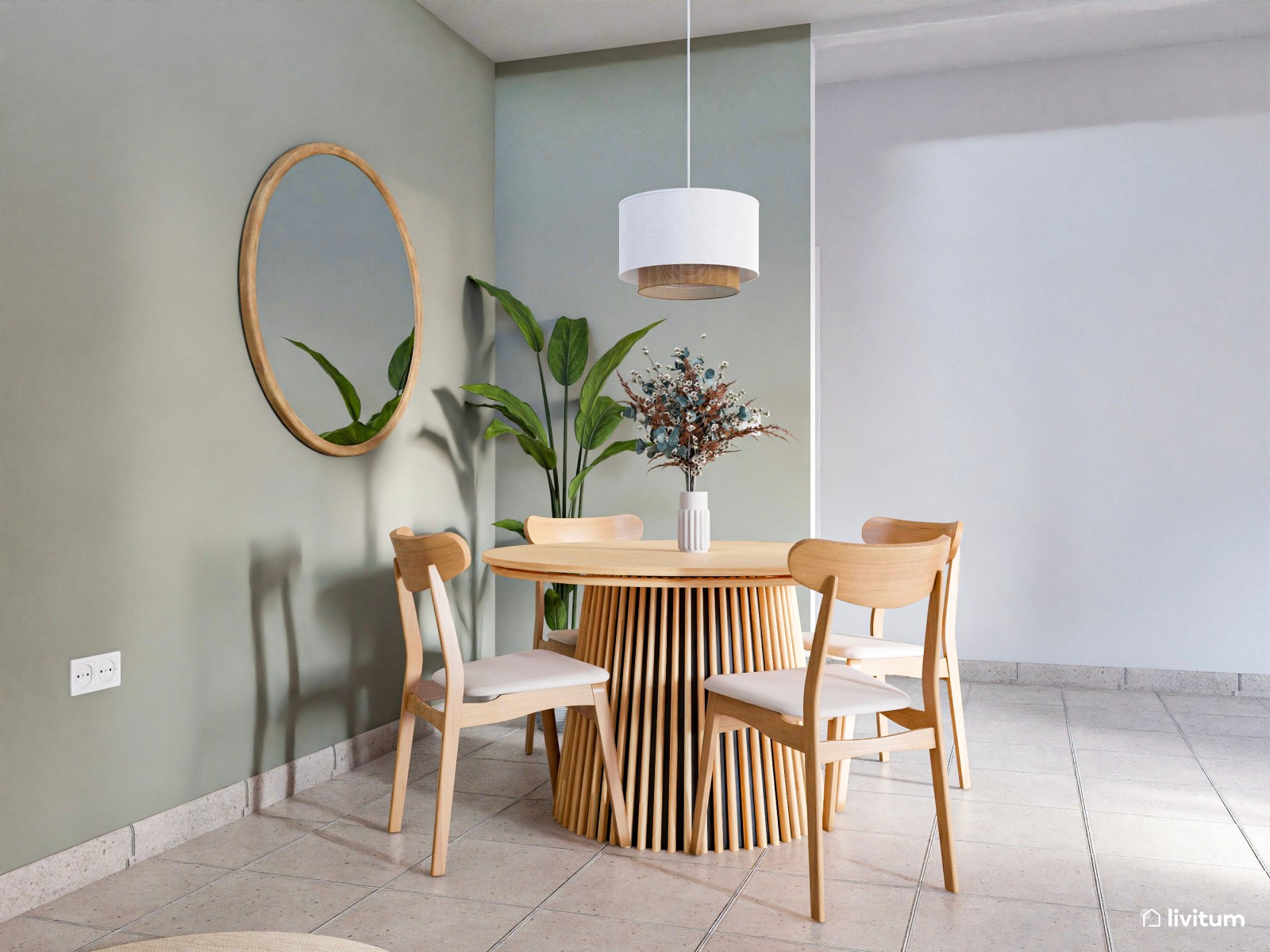 Salón alargado con aires naturales, verde y mesa de comedor redonda 