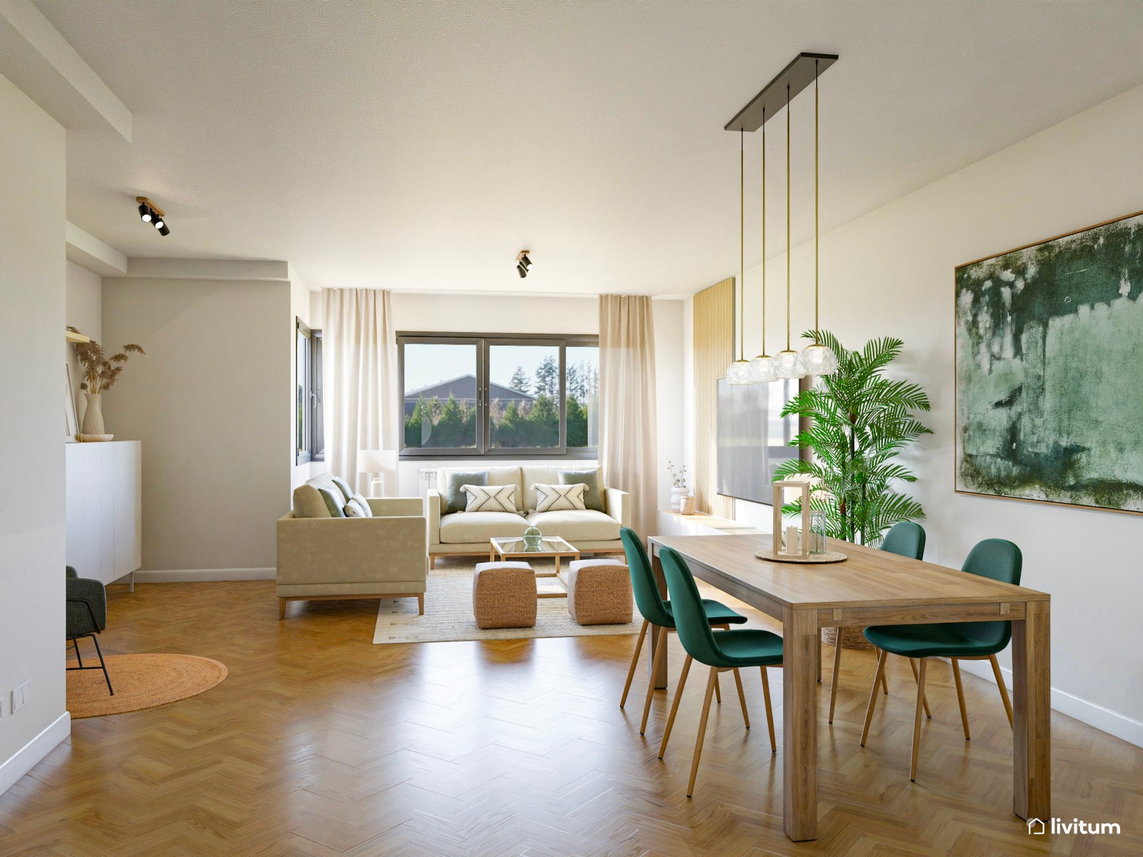 Salón alargado con comedor en verde y mucha luz natural