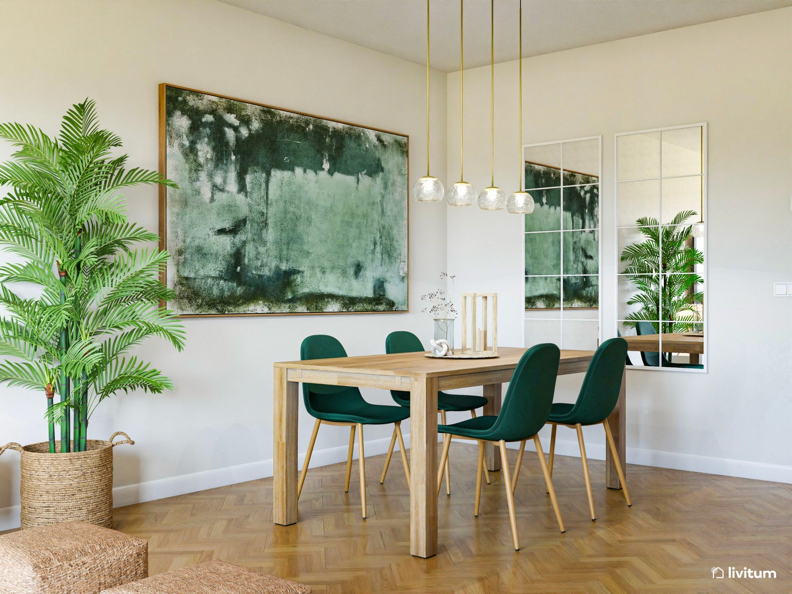 Salón alargado con comedor en verde y mucha luz natural