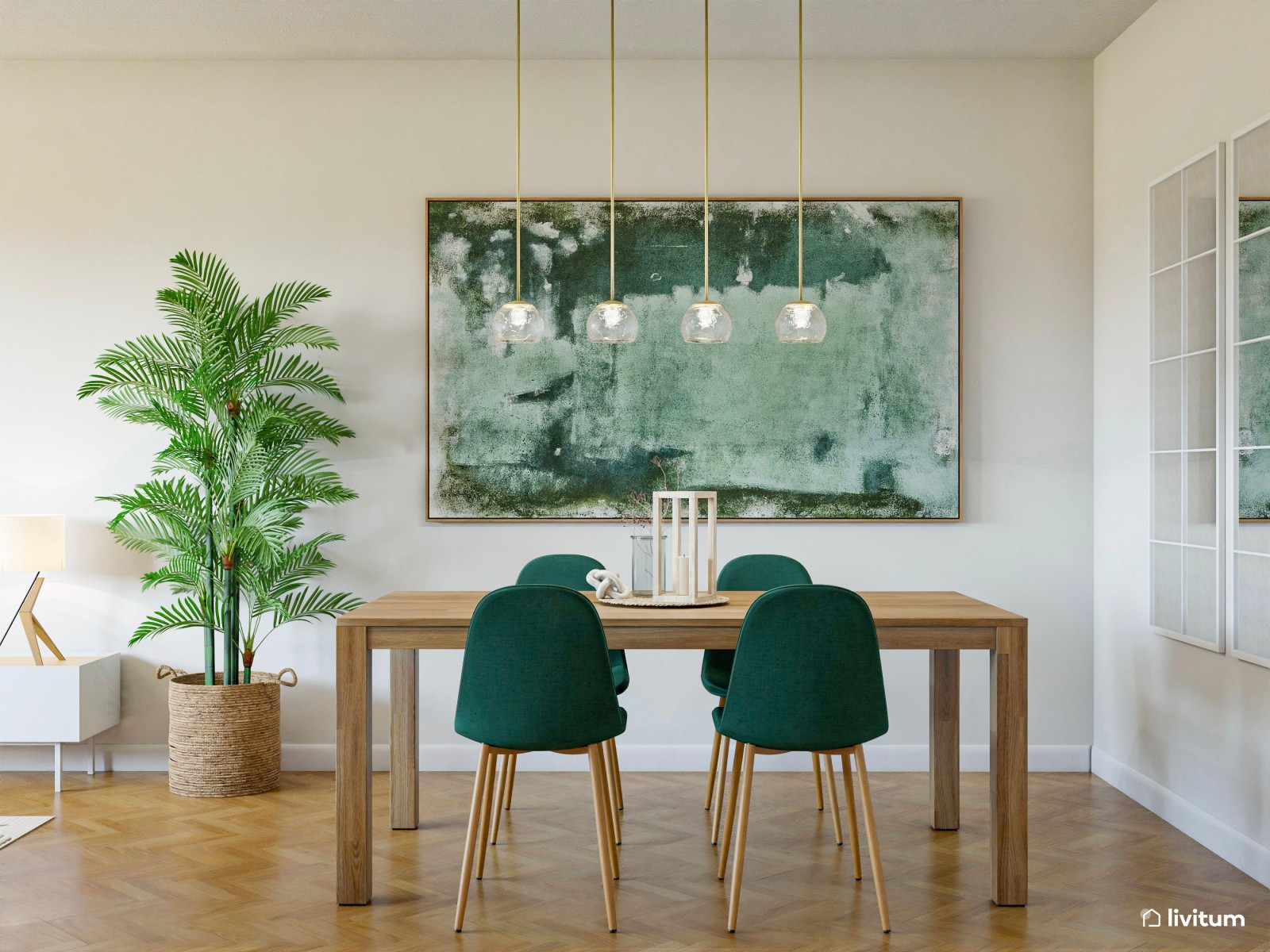 Salón alargado con comedor en verde y mucha luz natural