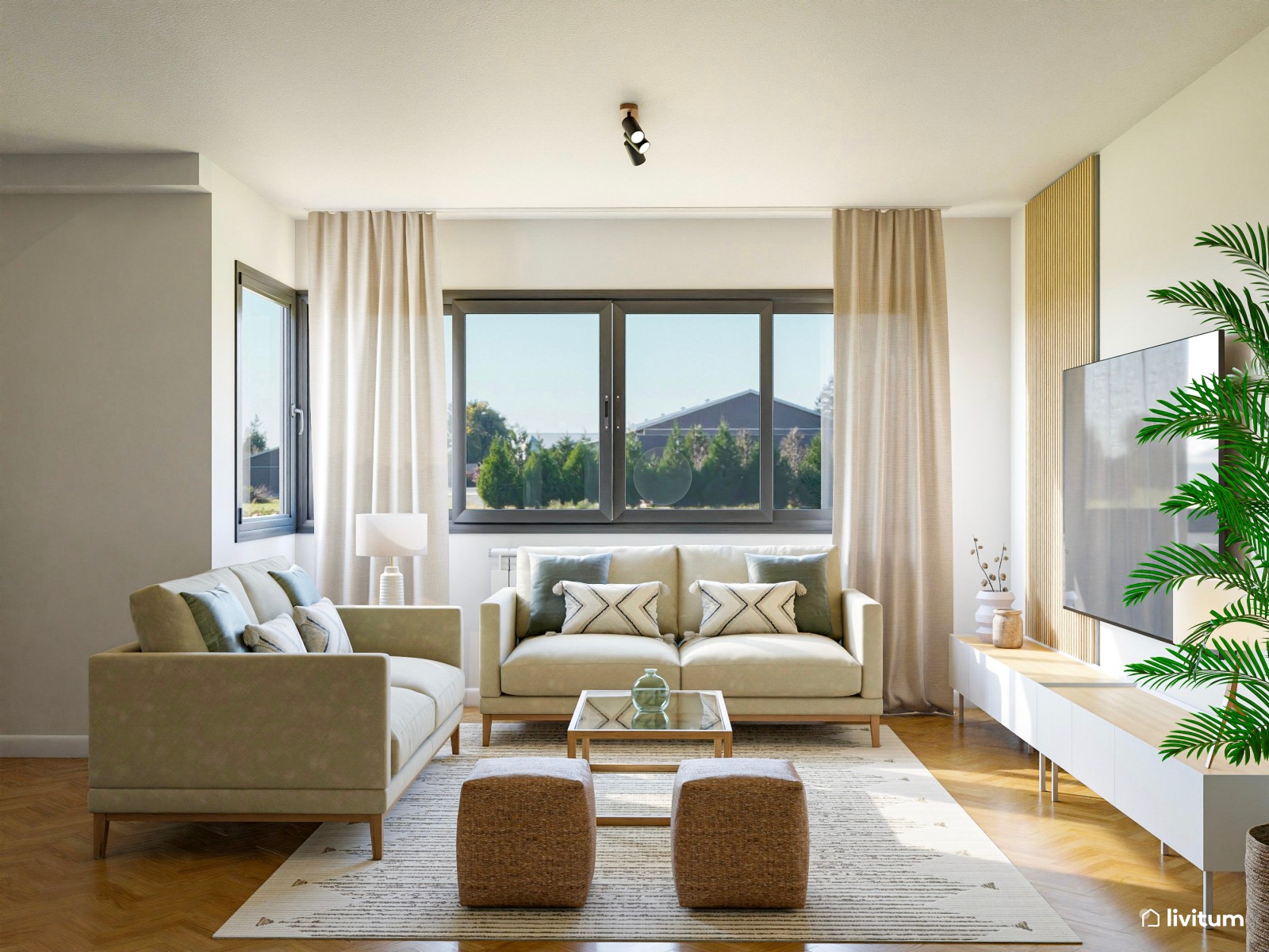 Salón alargado con comedor en verde y mucha luz natural