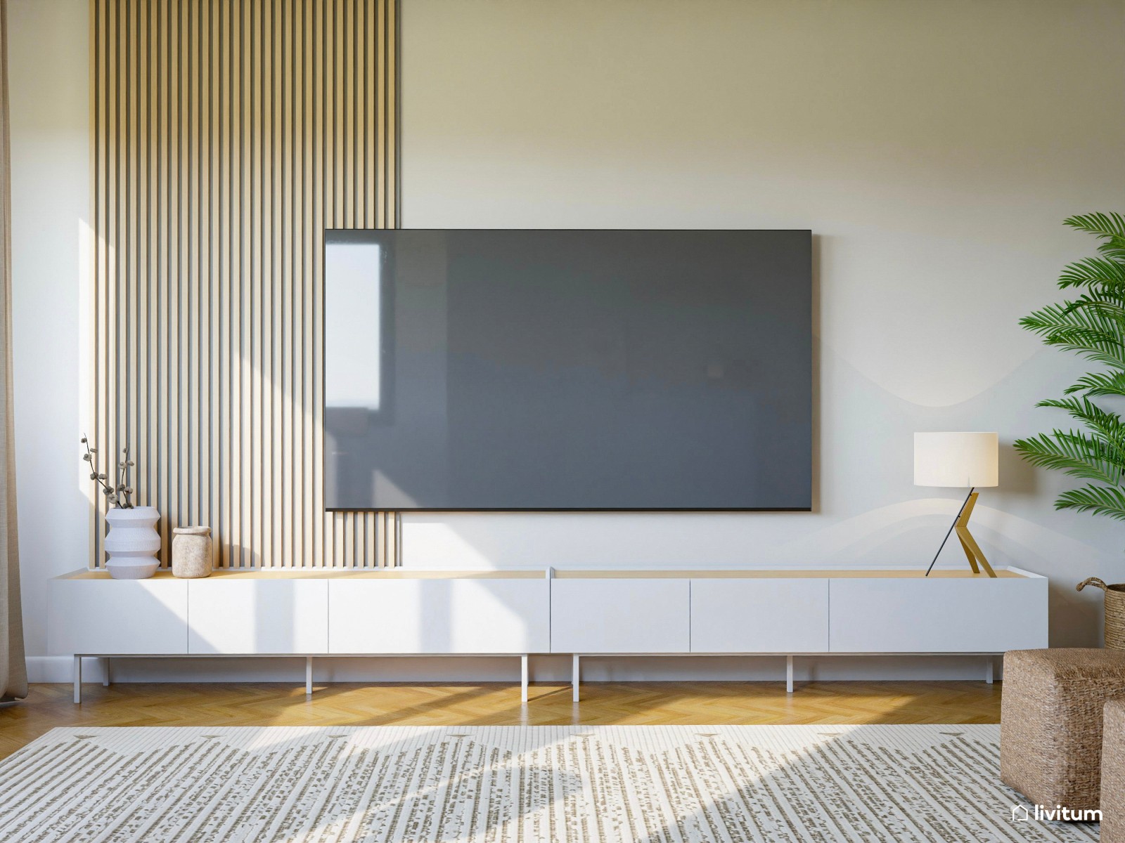 Salón alargado con comedor en verde y mucha luz natural