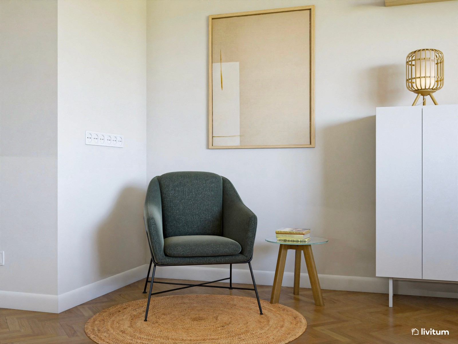 Salón alargado con comedor en verde y mucha luz natural