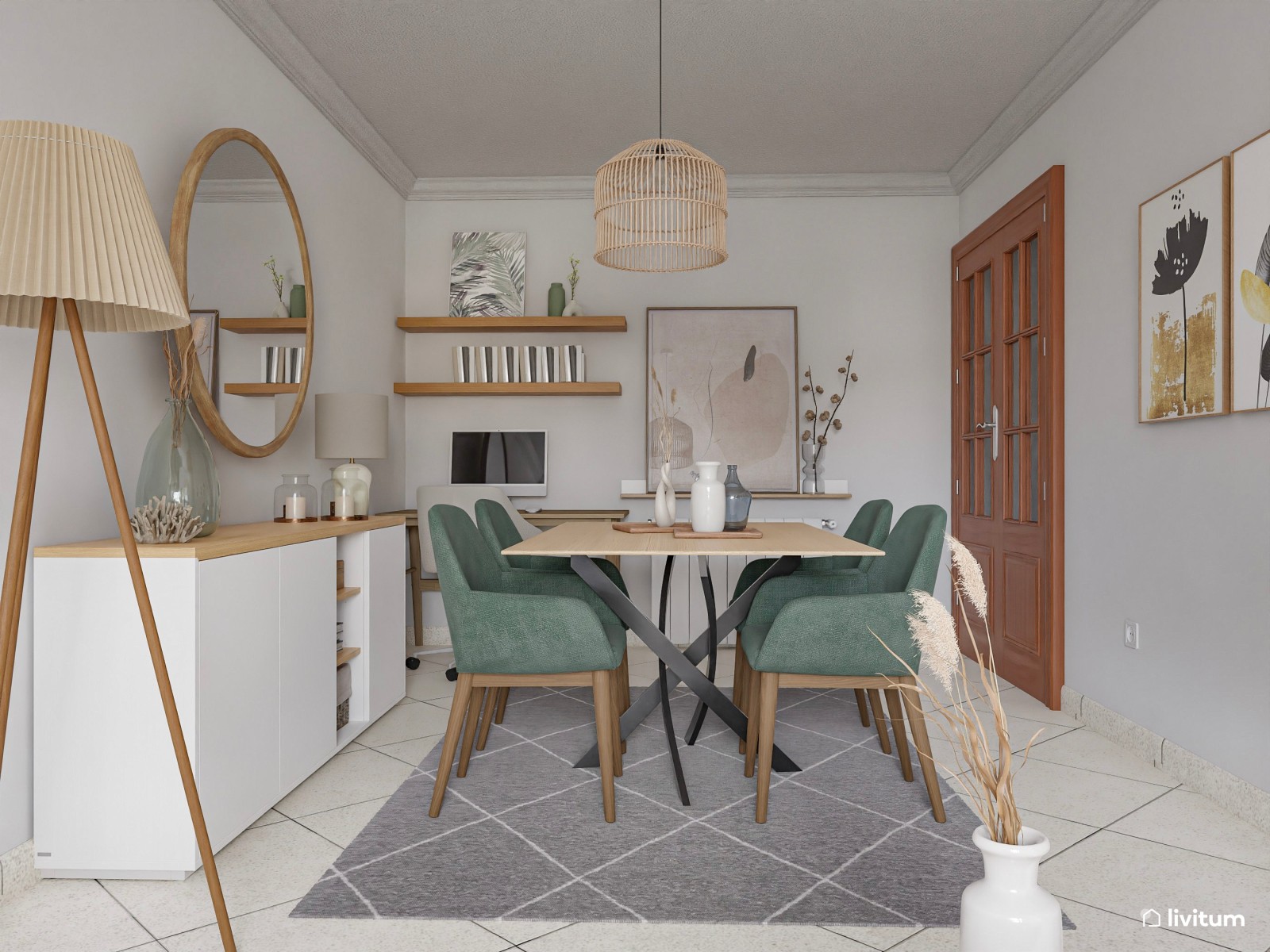 Salón alargado con decoración moderna en blanco, verde y gris