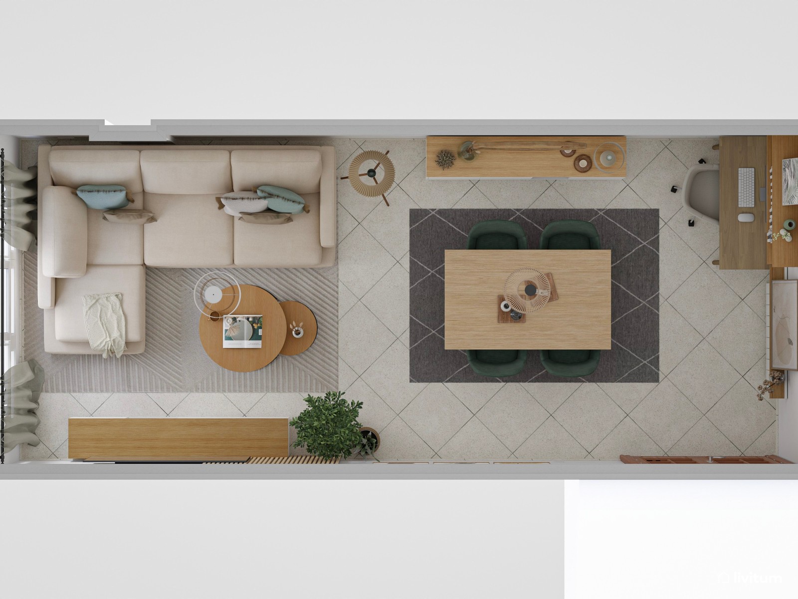 Salón alargado con decoración moderna en blanco, verde y gris