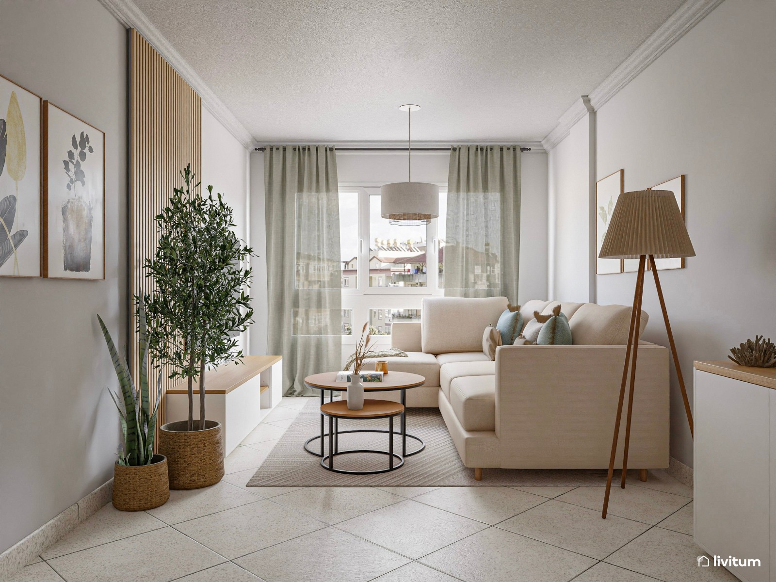 Salón alargado con decoración moderna en blanco, verde y gris