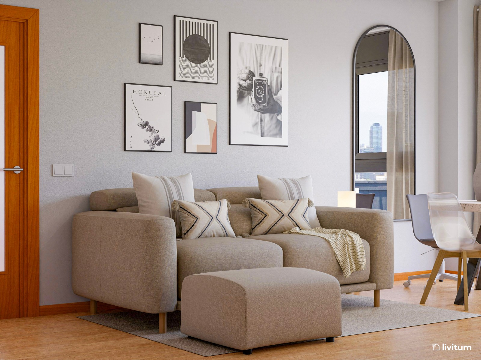 Salón alargado con una decoración moderna y fresca