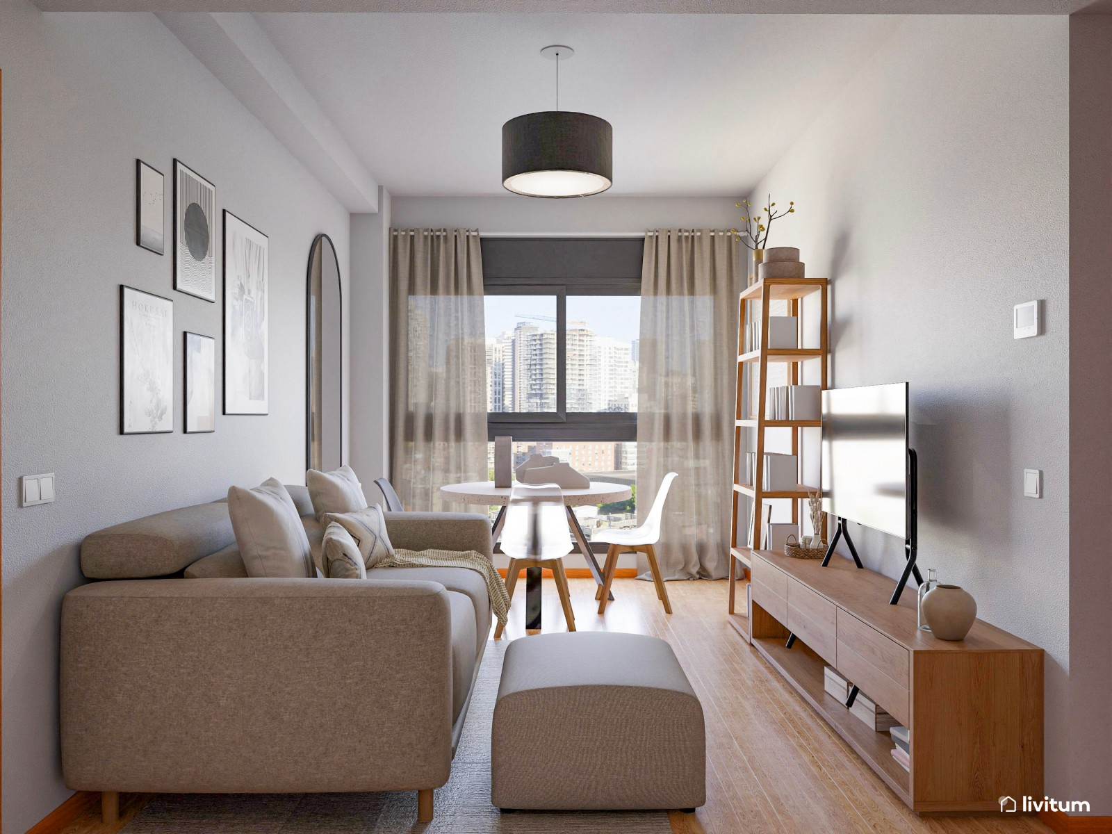 Salón alargado con una decoración moderna y fresca
