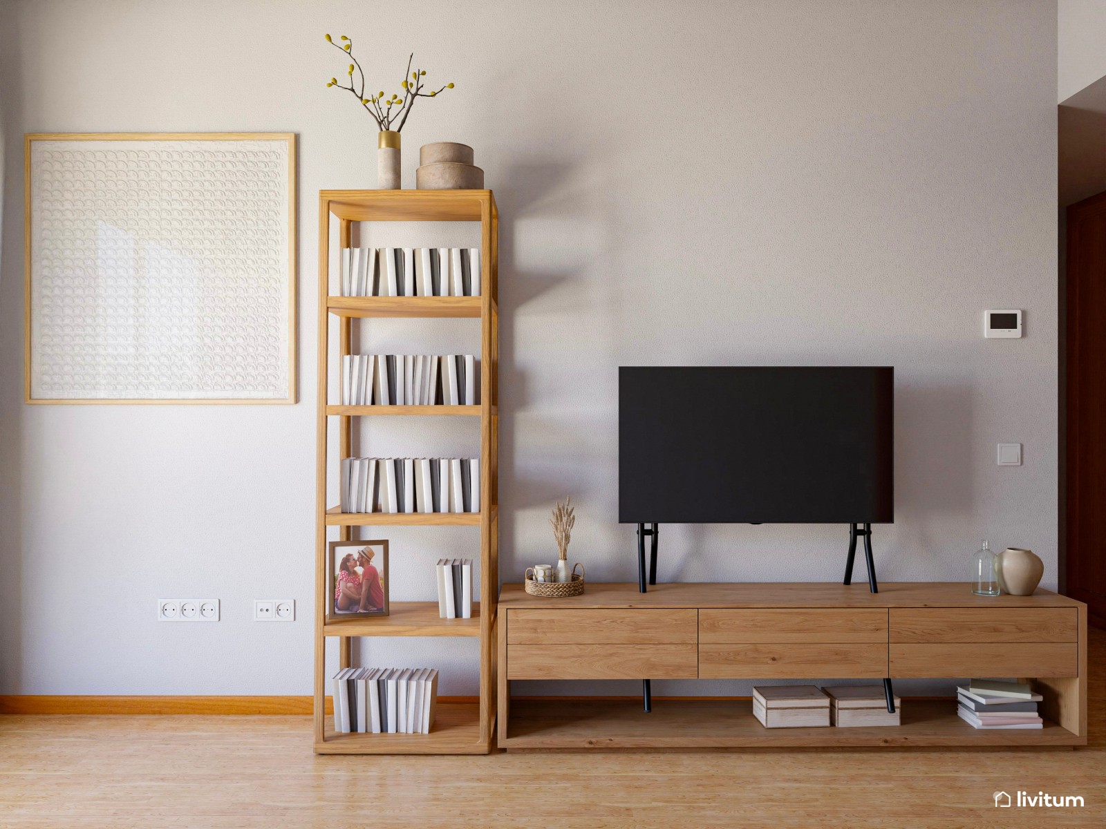 Salón alargado con una decoración moderna y fresca