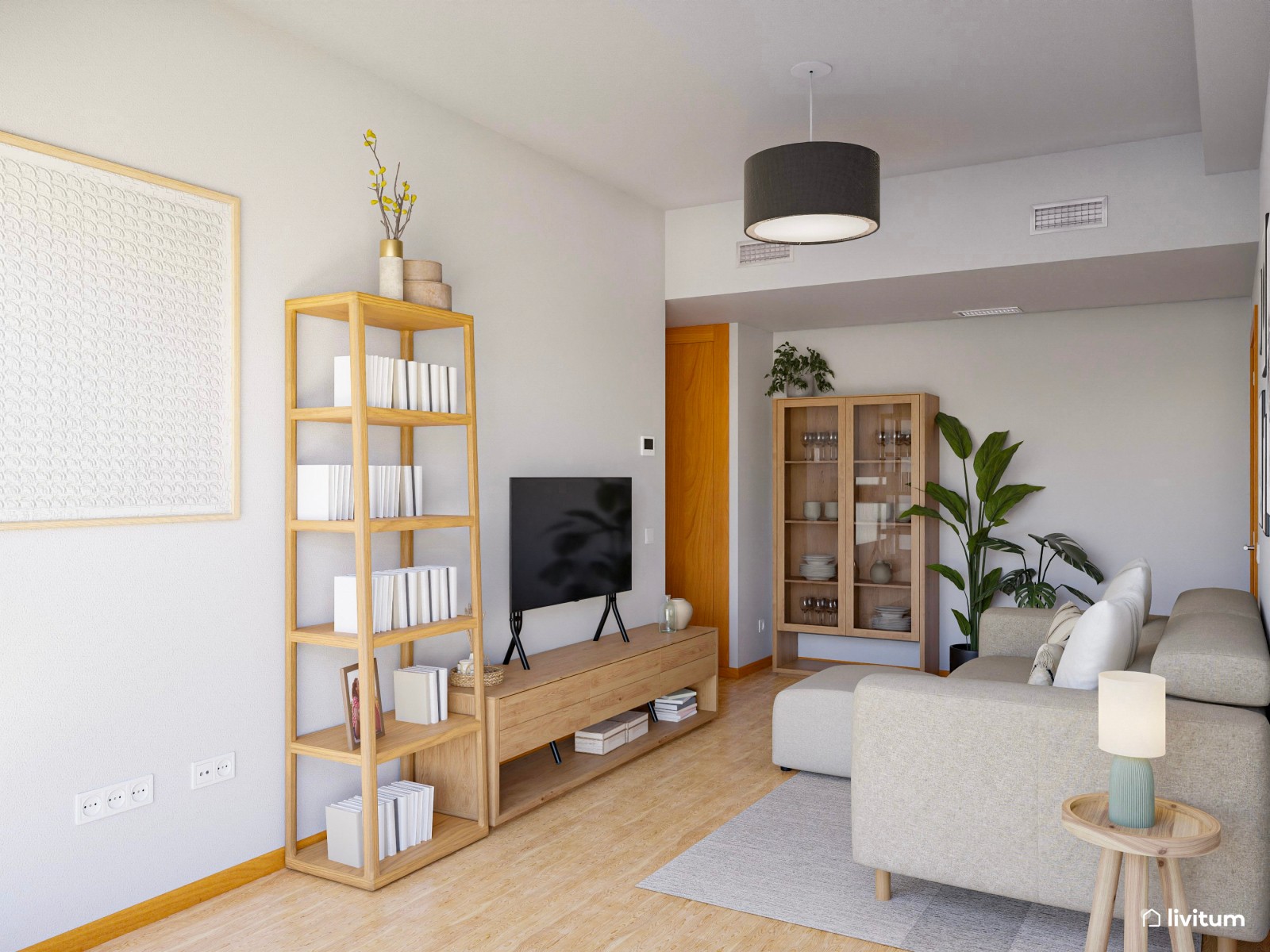 Salón alargado con una decoración moderna y fresca