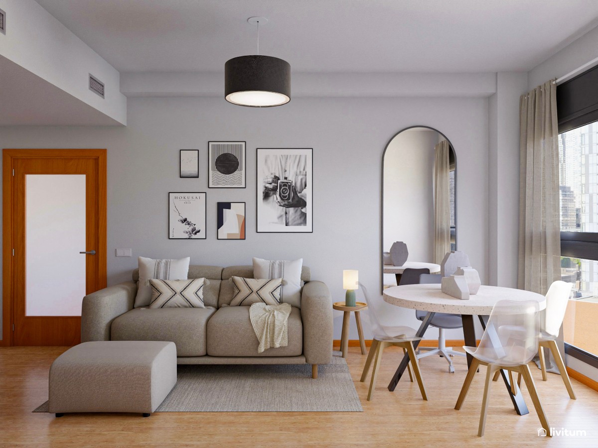 Salón alargado con una decoración moderna y fresca