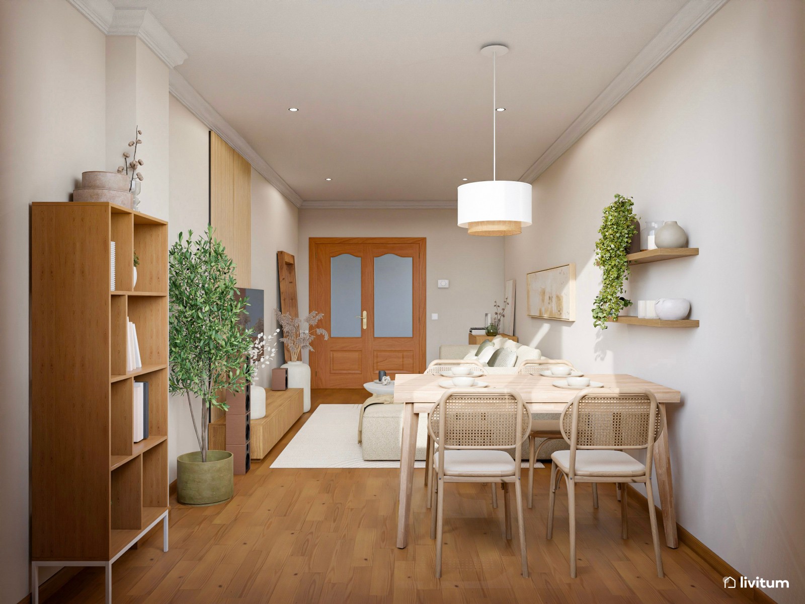 Salón alargado de 19 m² de ambiente relajante y muebles bajos