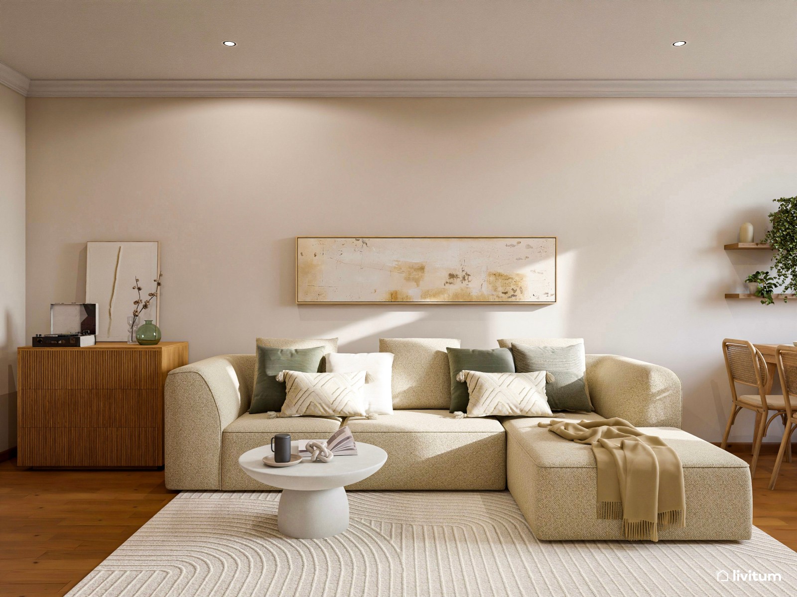 Salón alargado de 19 m² de ambiente relajante y muebles bajos