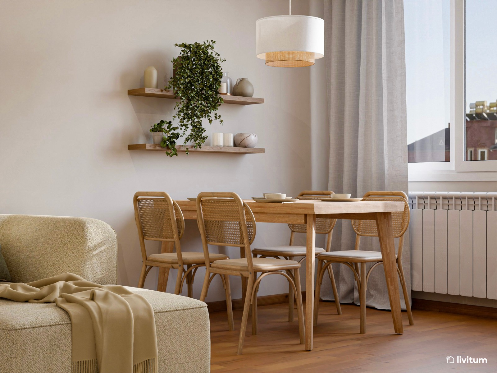 Salón alargado de 19 m² de ambiente relajante y muebles bajos