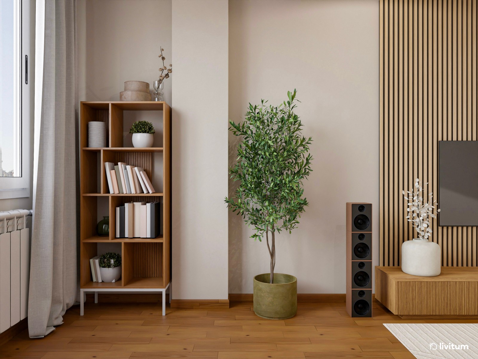 Salón alargado de 19 m² de ambiente relajante y muebles bajos