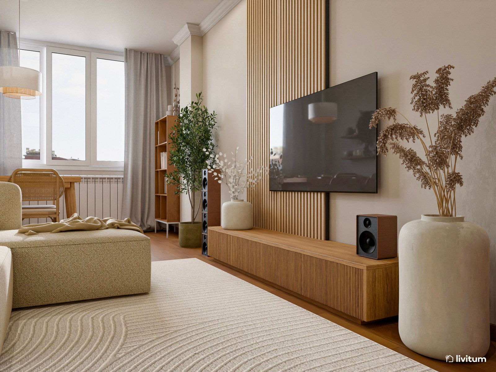 Salón alargado de 19 m² de ambiente relajante y muebles bajos