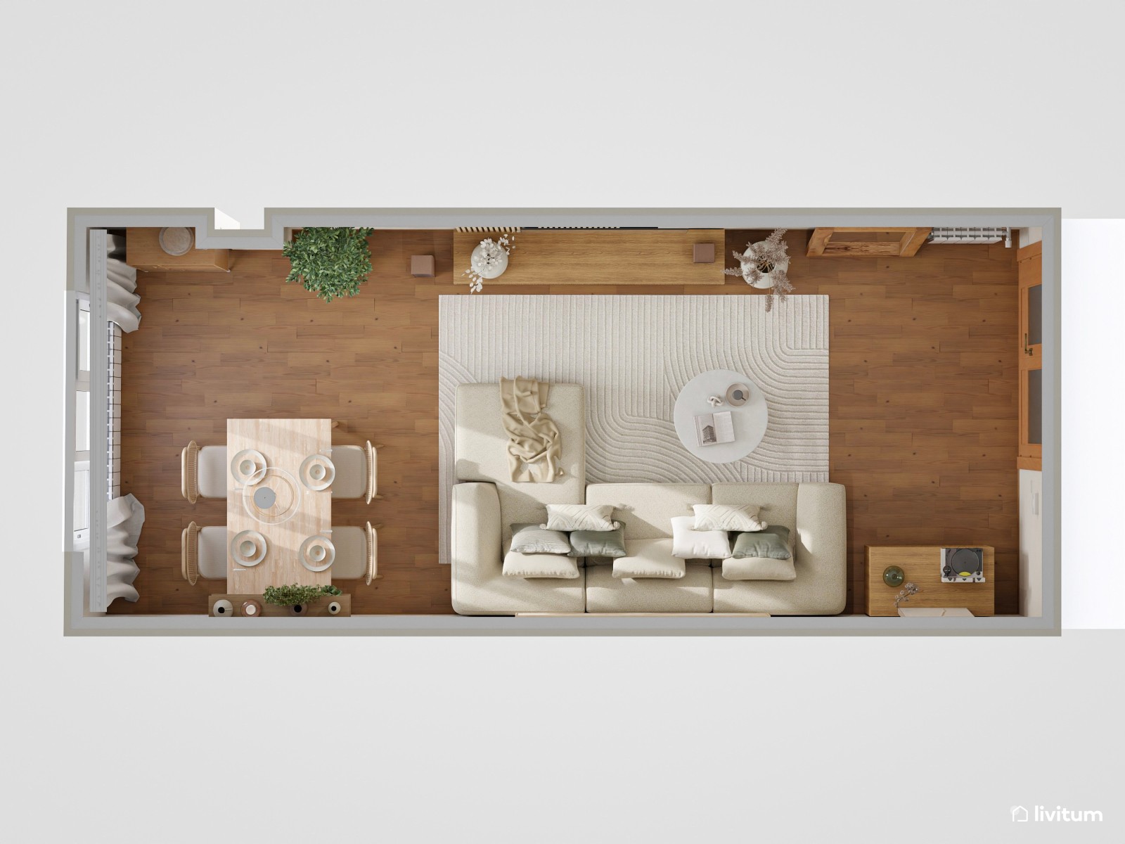 Salón alargado de 19 m² de ambiente relajante y muebles bajos