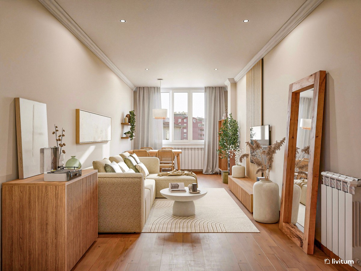 Salón alargado de 19 m² de ambiente relajante y muebles bajos