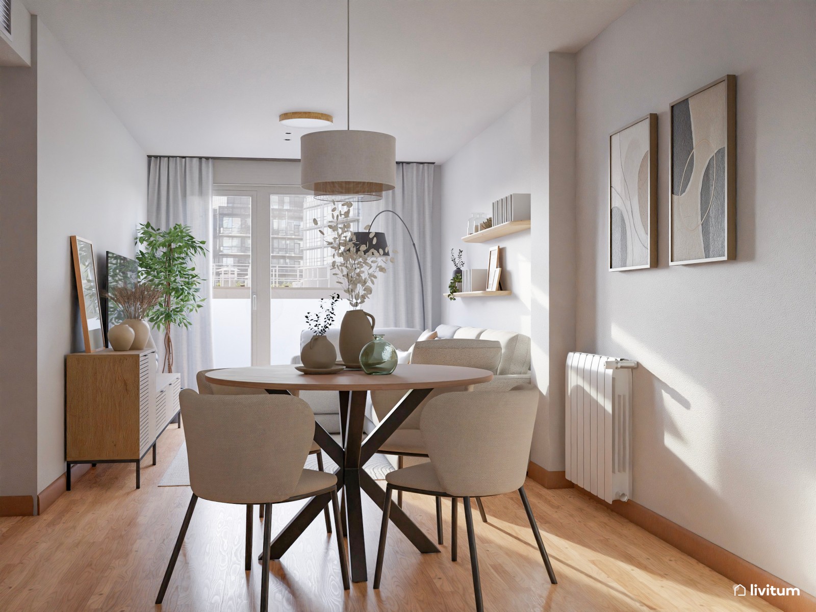  Salón alargado de 20 m² nórdico y moderno con sofá a ras de suelo y plantas decorativas