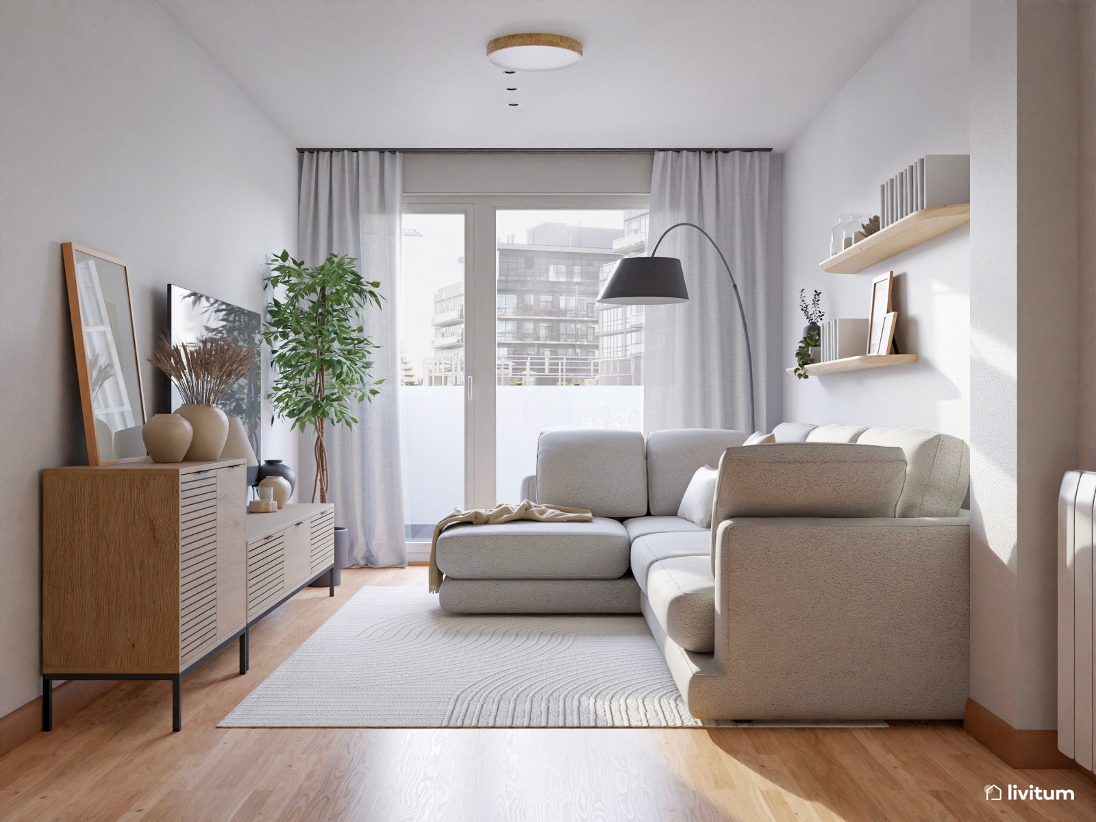  Salón alargado de 20 m² nórdico y moderno con sofá a ras de suelo y plantas decorativas