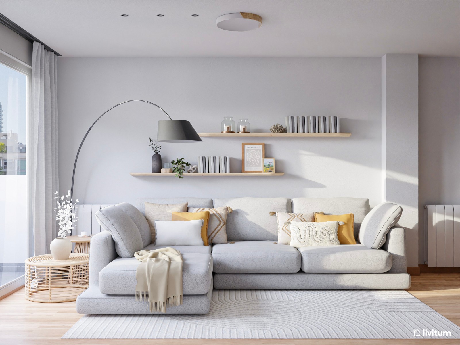  Salón alargado de 20 m² nórdico y moderno con sofá a ras de suelo y plantas decorativas