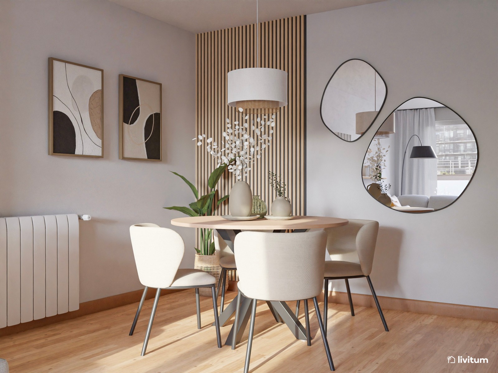  Salón alargado de 20 m² nórdico y moderno con sofá a ras de suelo y plantas decorativas