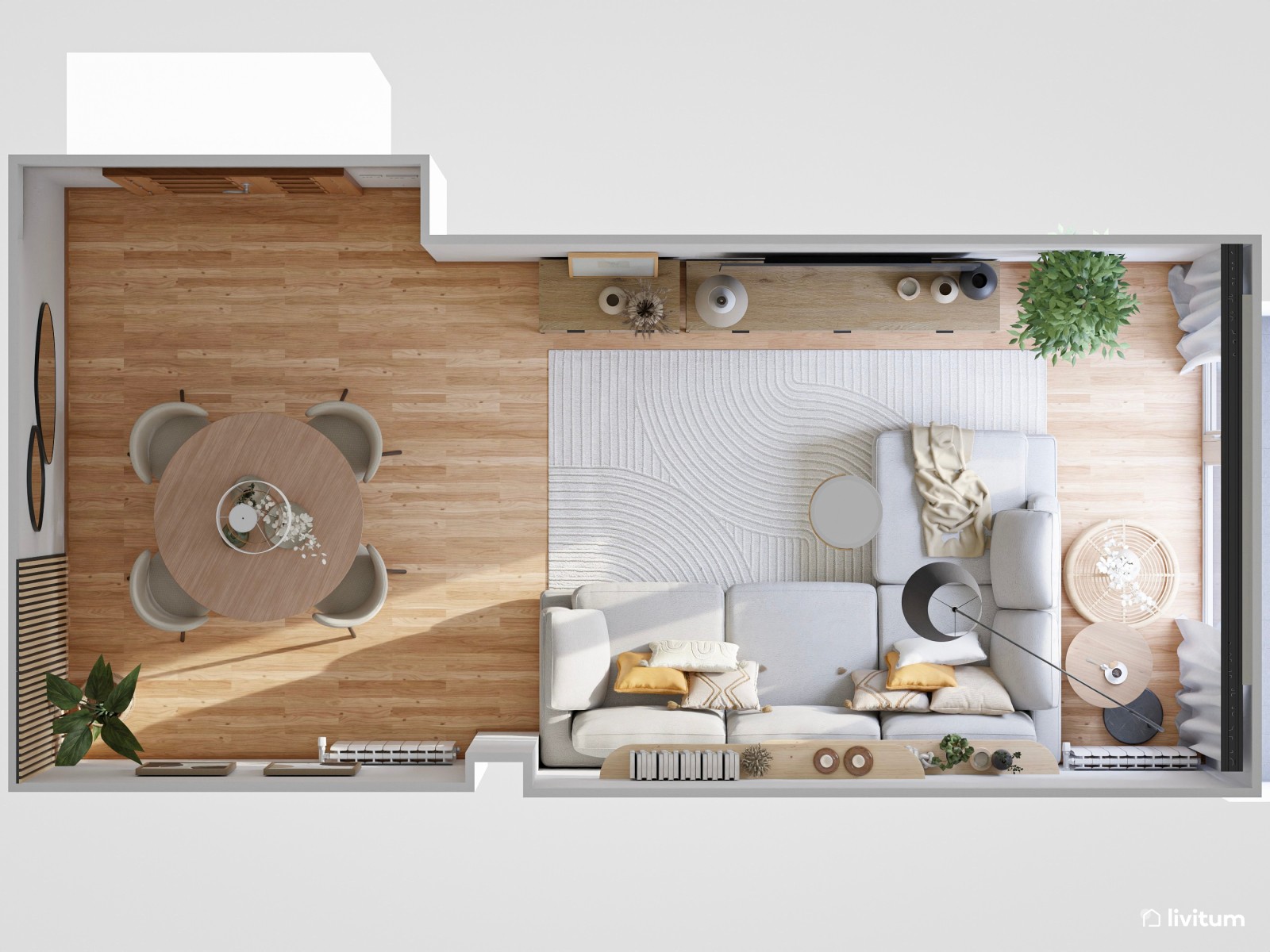  Salón alargado de 20 m² nórdico y moderno con sofá a ras de suelo y plantas decorativas