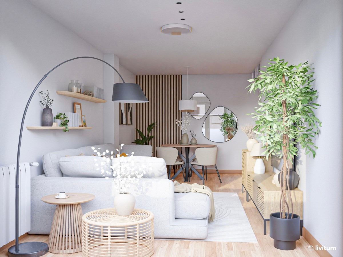 Salón alargado de 20 m² nórdico y moderno con sofá a ras de suelo y plantas decorativas