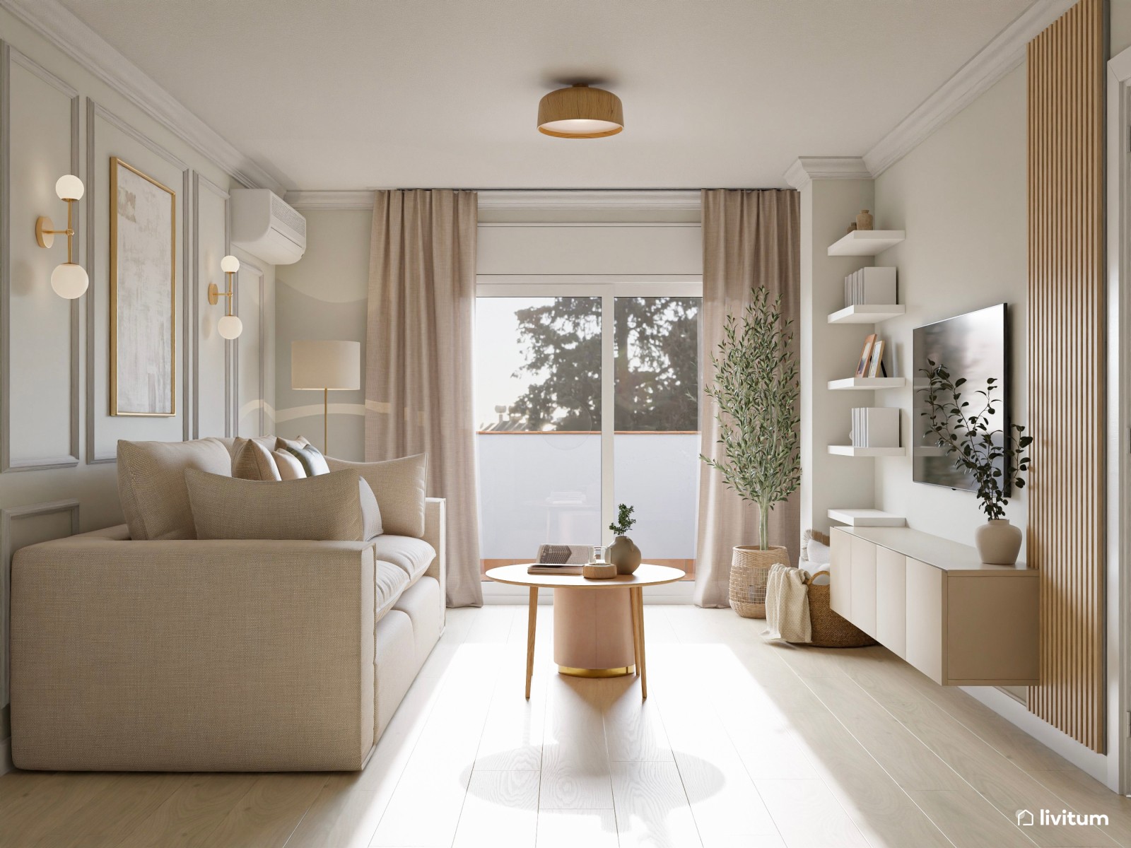 Salón alargado de estilo clásico con molduras e iluminación cálida