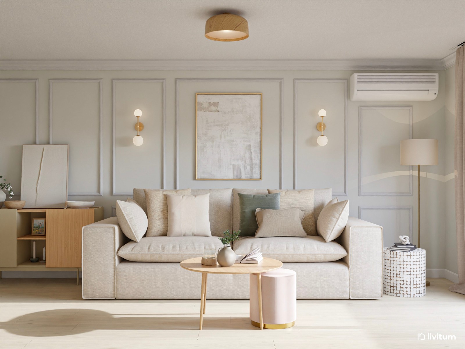 Salón alargado de estilo clásico con molduras e iluminación cálida