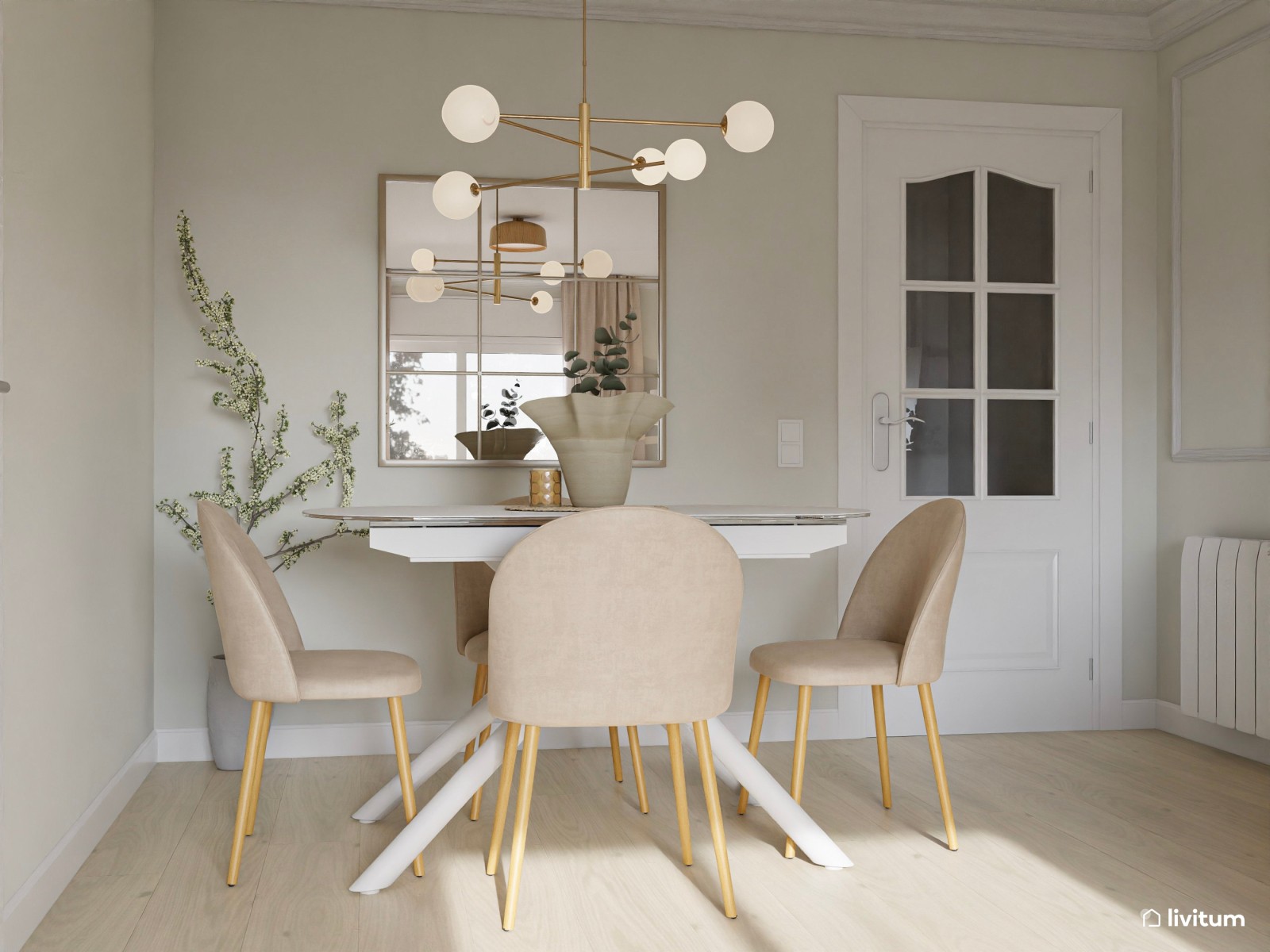 Salón alargado de estilo clásico con molduras e iluminación cálida