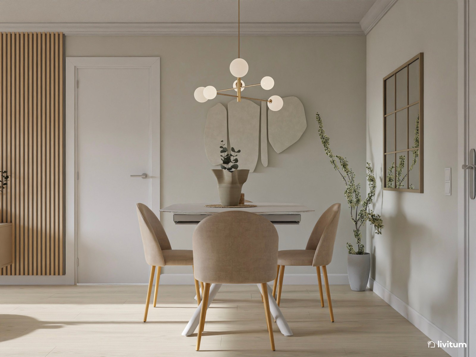 Salón alargado de estilo clásico con molduras e iluminación cálida