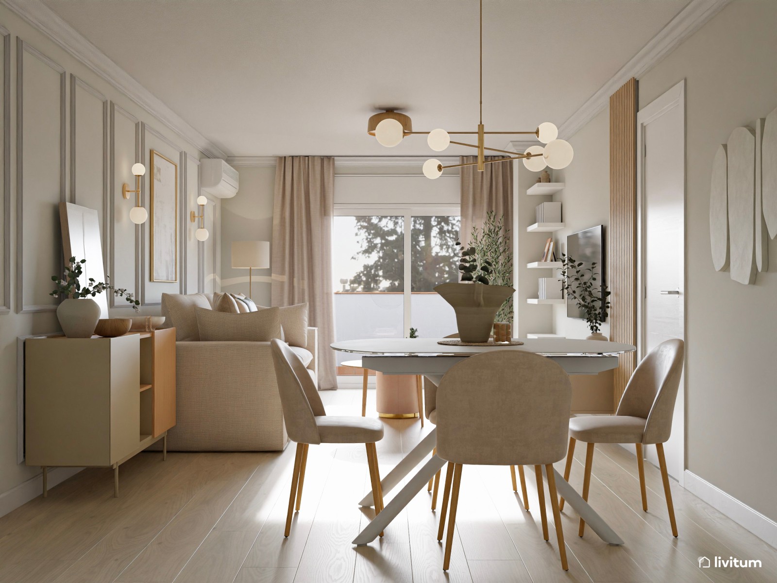 Salón alargado de estilo clásico con molduras e iluminación cálida