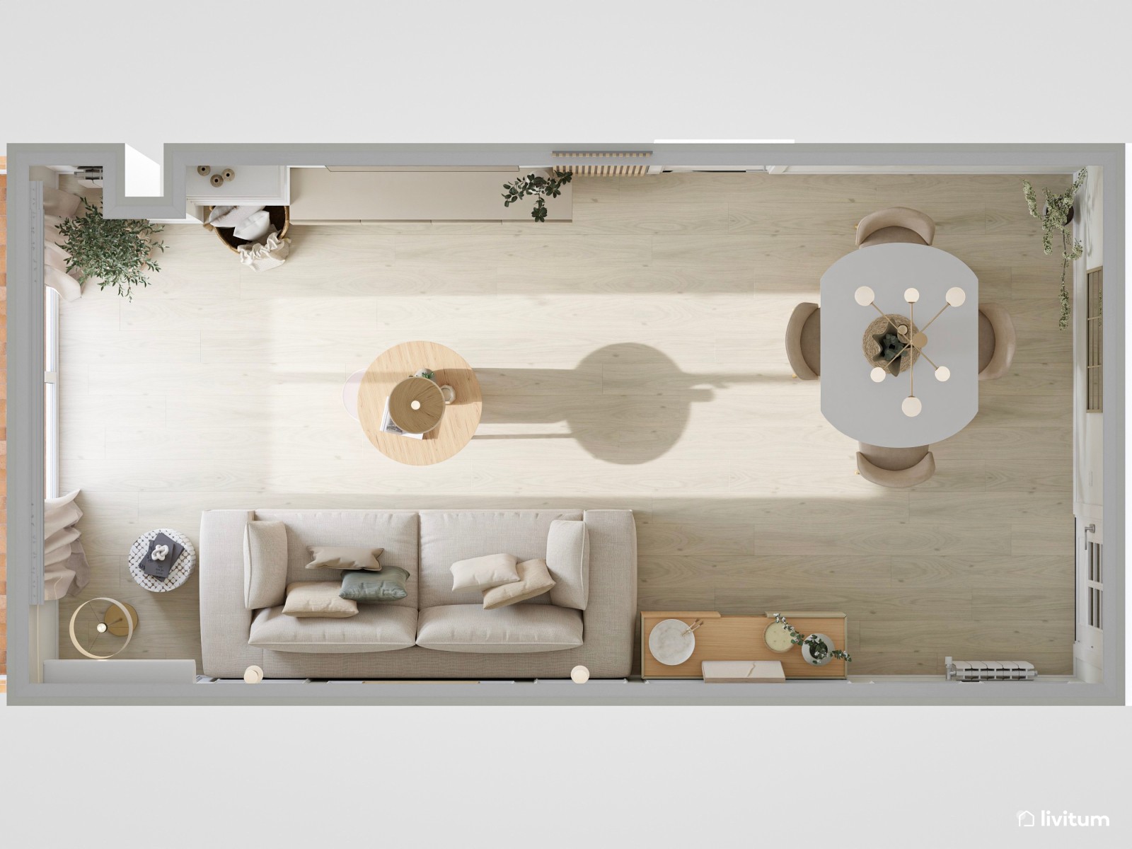 Salón alargado de estilo clásico con molduras e iluminación cálida