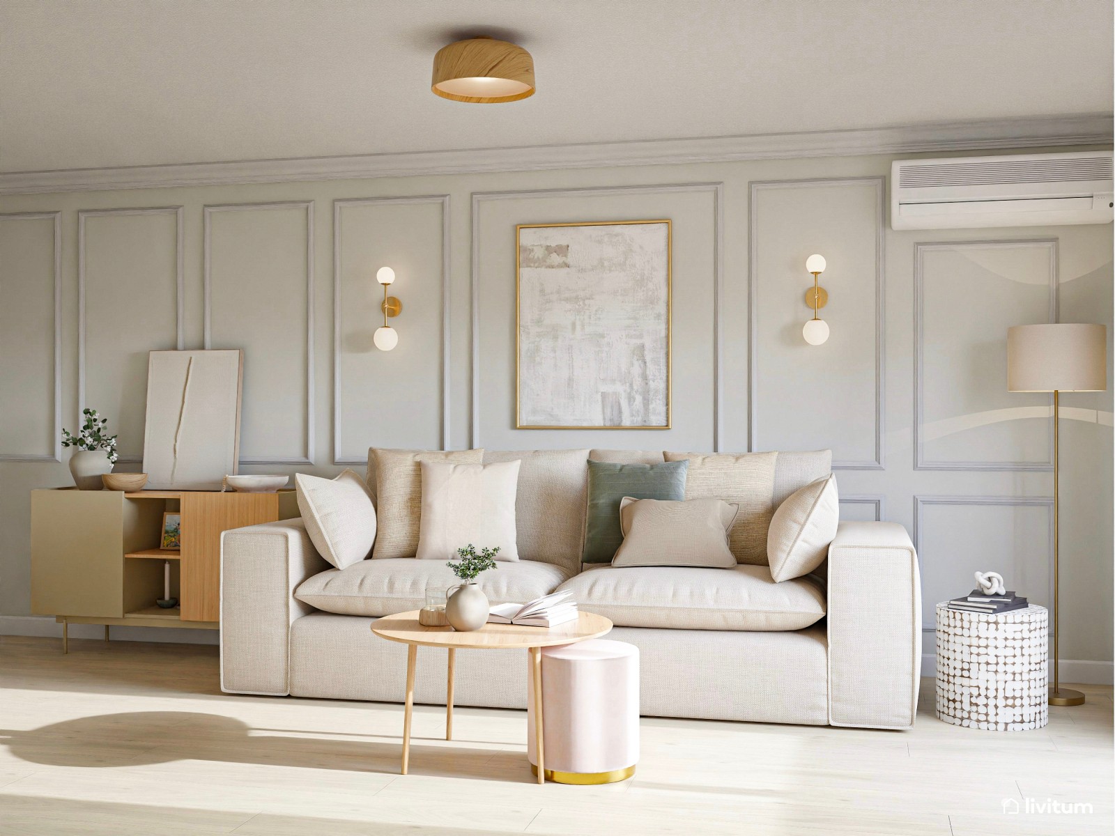 Salón alargado de estilo clásico con molduras e iluminación cálida