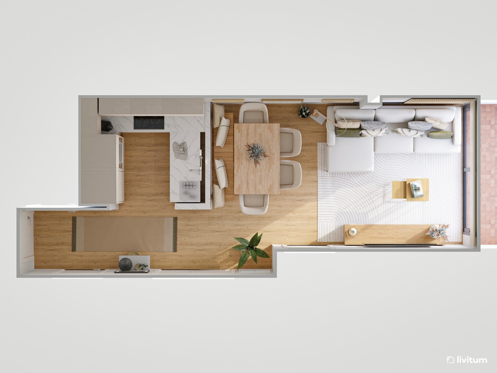 Salón alargado de líneas modernas y efecto envolvente