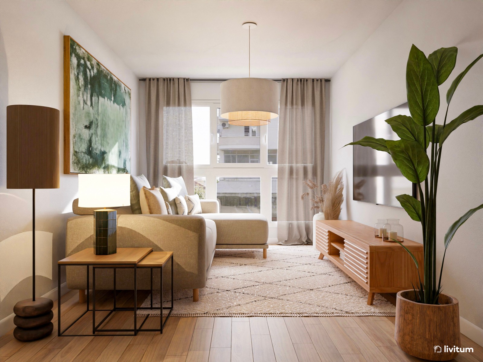 Salón alargado decorado en tonos cálidos y verde oscuro