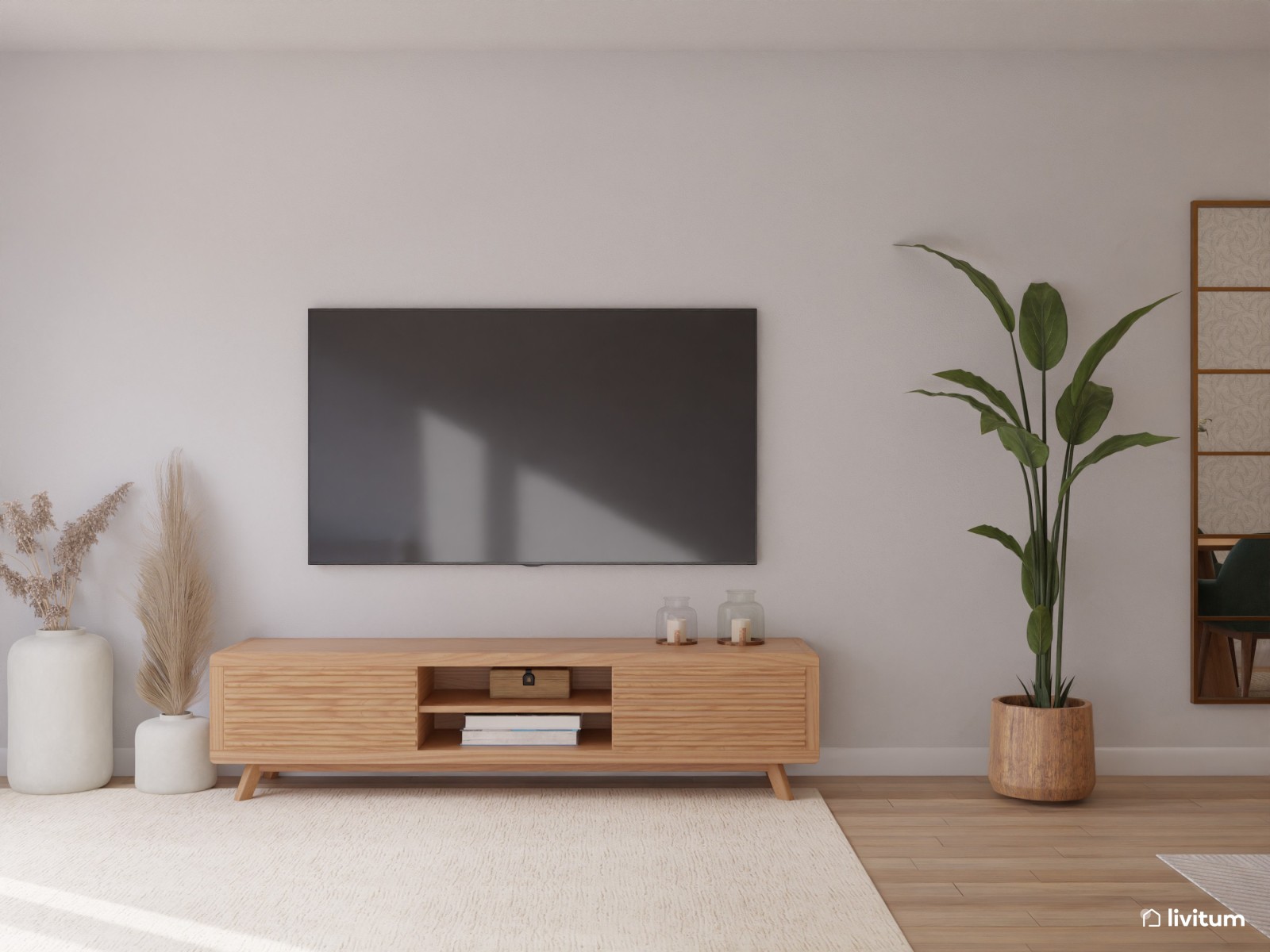 Salón alargado decorado en tonos cálidos y verde oscuro