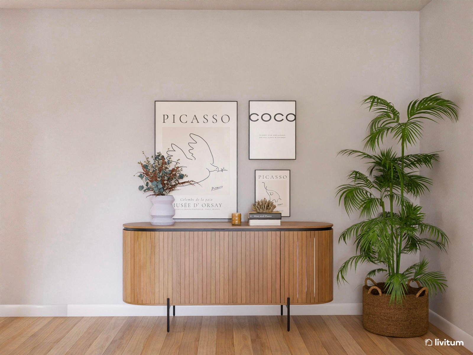 Salón alargado decorado en tonos cálidos y verde oscuro