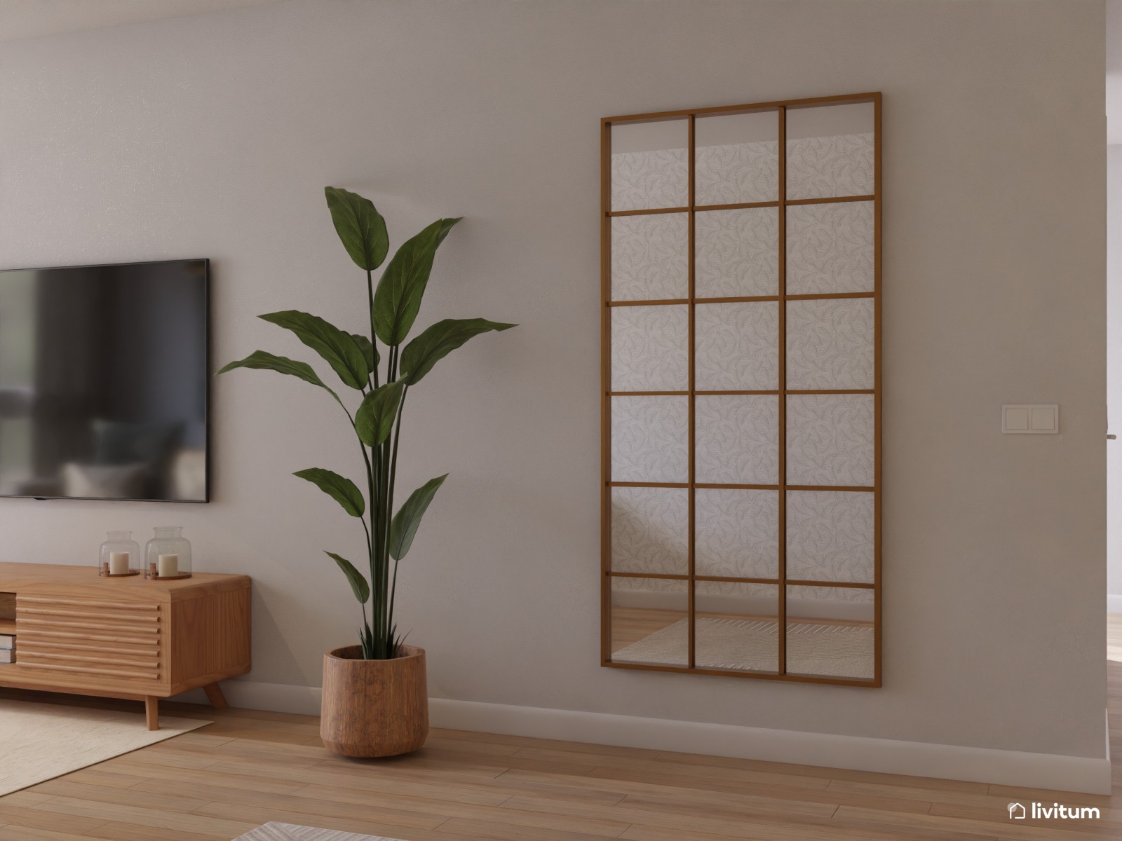 Salón alargado decorado en tonos cálidos y verde oscuro