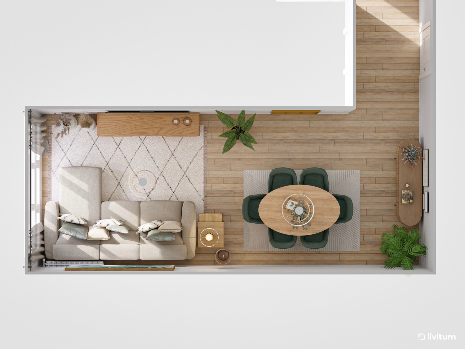 Salón alargado decorado en tonos cálidos y verde oscuro