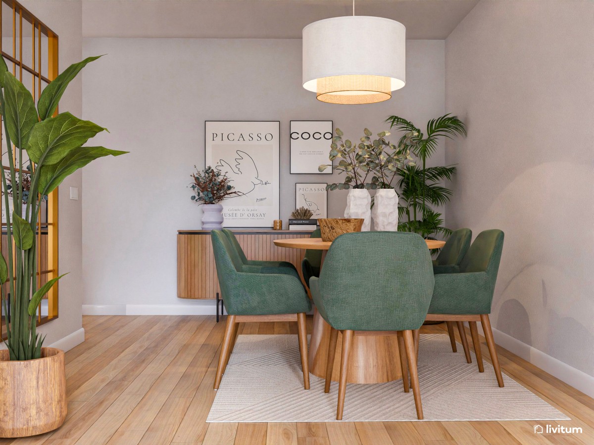 Salón alargado decorado en tonos cálidos y verde oscuro