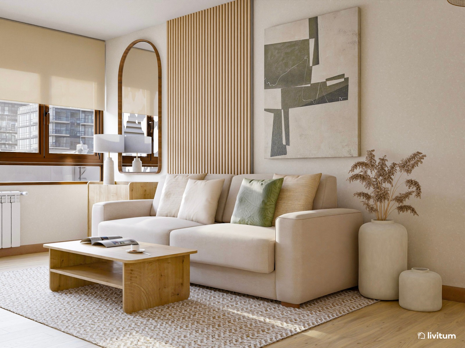 Salón alargado diseñado en madera clara y acentos en verde