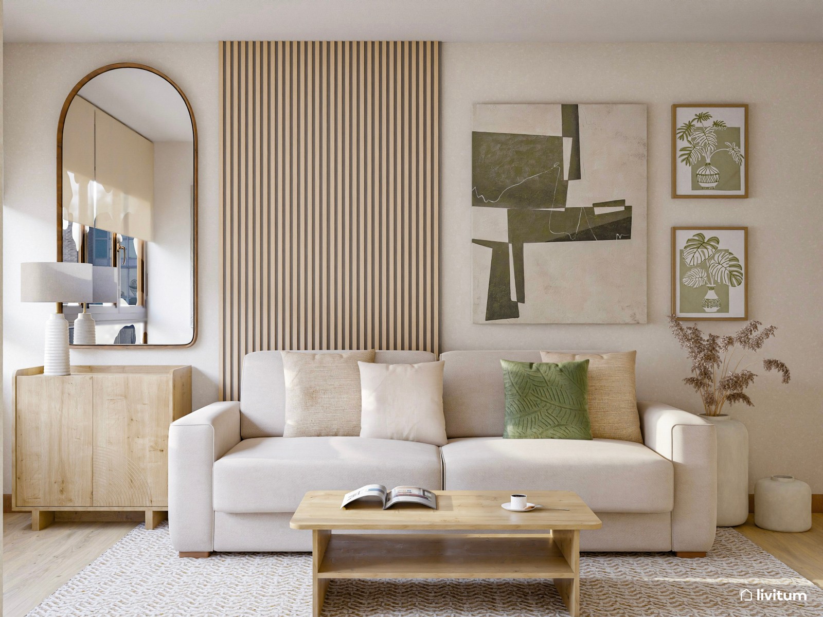 Salón alargado diseñado en madera clara y acentos en verde