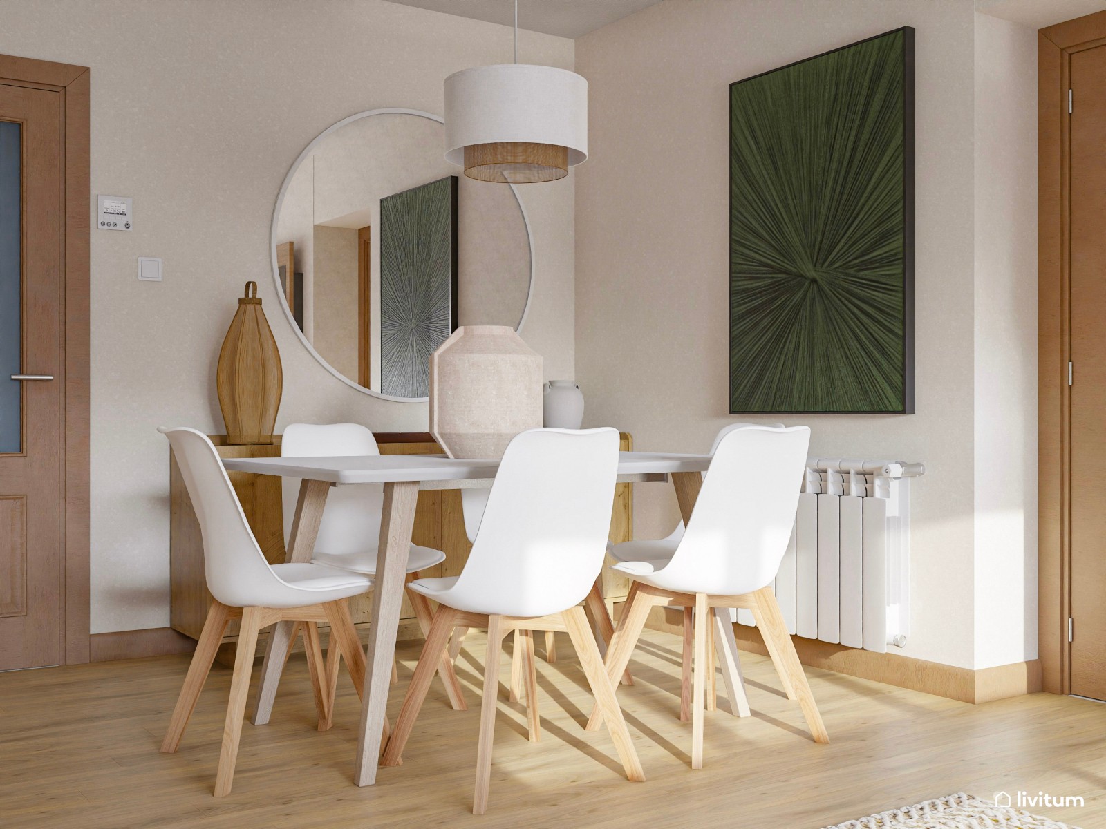 Salón alargado diseñado en madera clara y acentos en verde