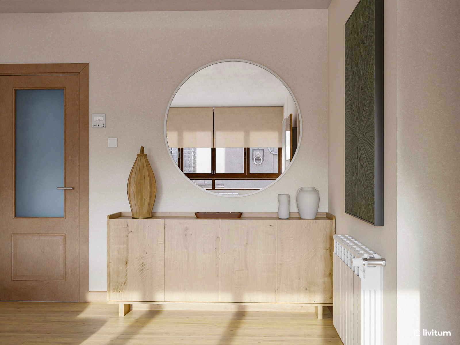 Salón alargado diseñado en madera clara y acentos en verde