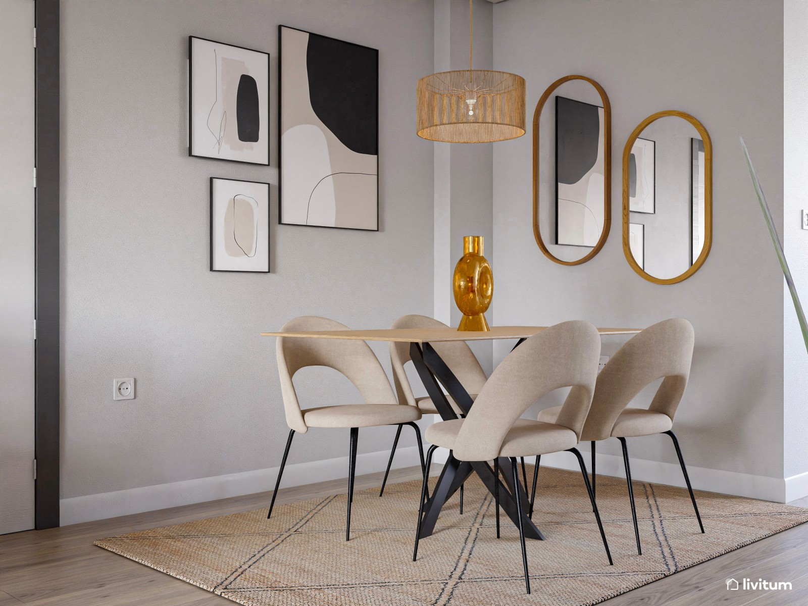 Salón alargado en tonos neutros con detalles naturales y frescos 