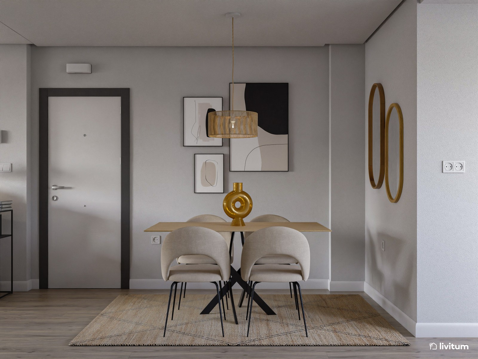 Salón alargado en tonos neutros con detalles naturales y frescos 