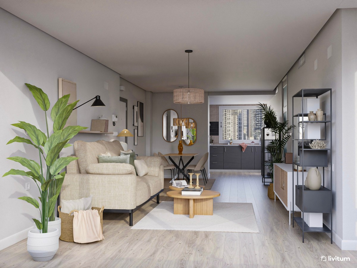 Salón alargado en tonos neutros con detalles naturales y frescos