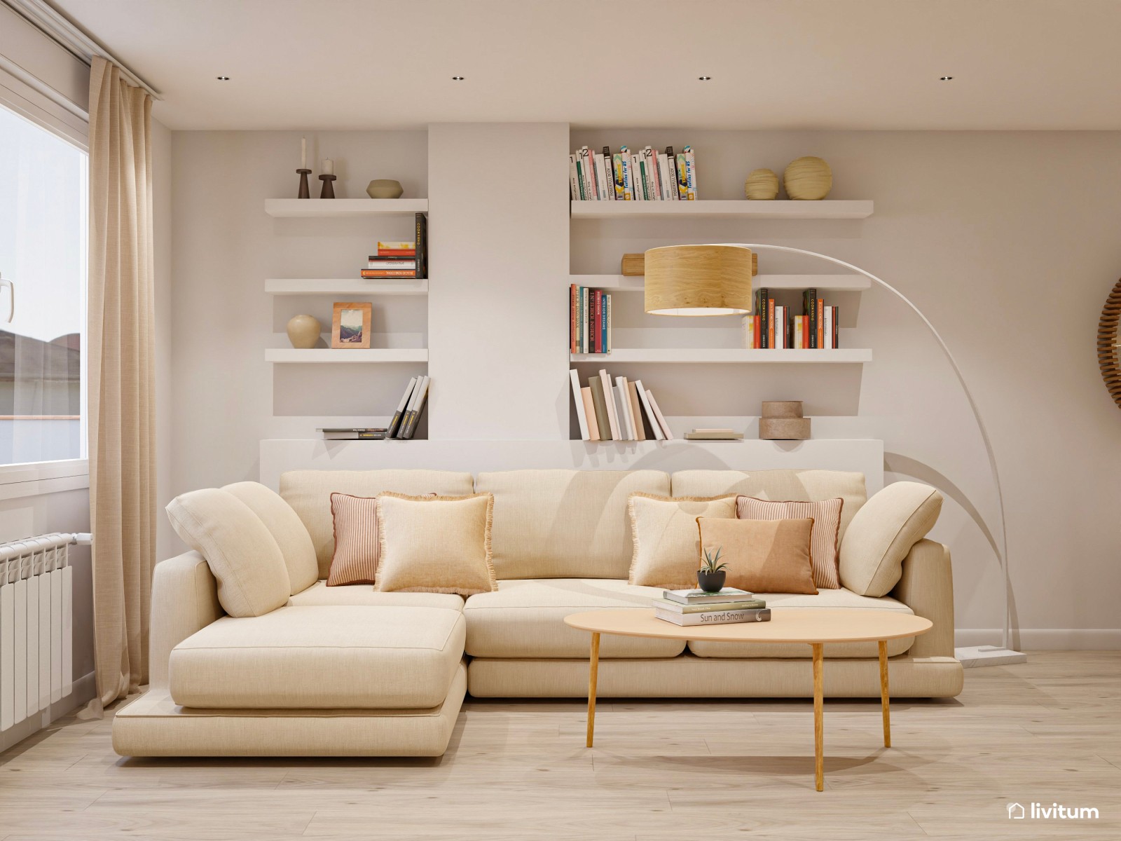 Salón alargado minimalista con detalles nórdicos y mobiliario de madera